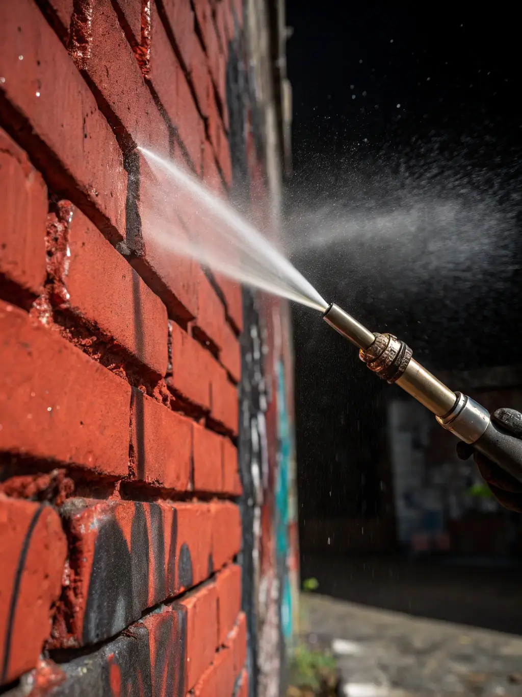 A close-up image of a pressure washer nozzle effectively removing graffiti from a brick wall, showcasing the precision and power of Hi Flow Powerwash's equipment.