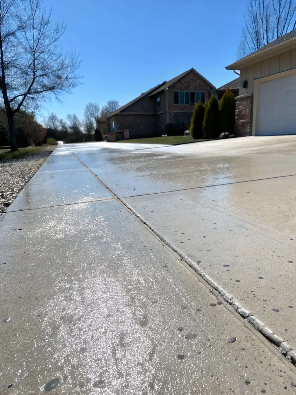 A high-resolution image showing a homeowner’s driveway being pressure washed, revealing a clean and bright surface, used to illustrate residential pressure washing services.
