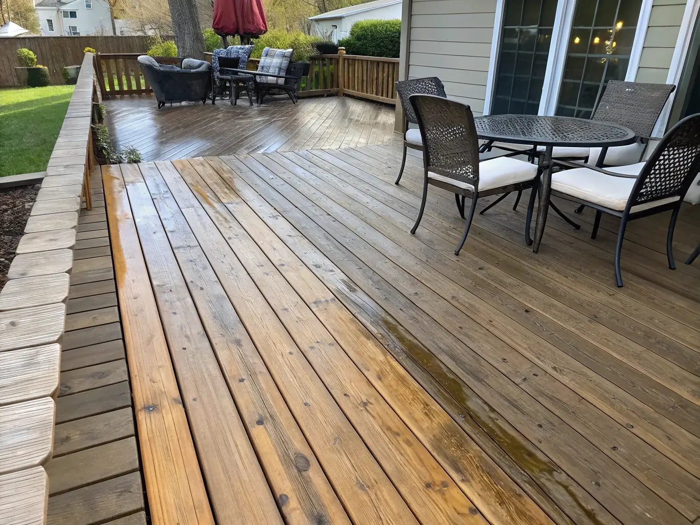 A wooden deck looking clean and restored after Hi Flow Powerwash's deck and patio cleaning service.